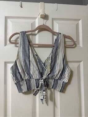 La Hearts Blue & White Striped Tie-Front Cropped Tank